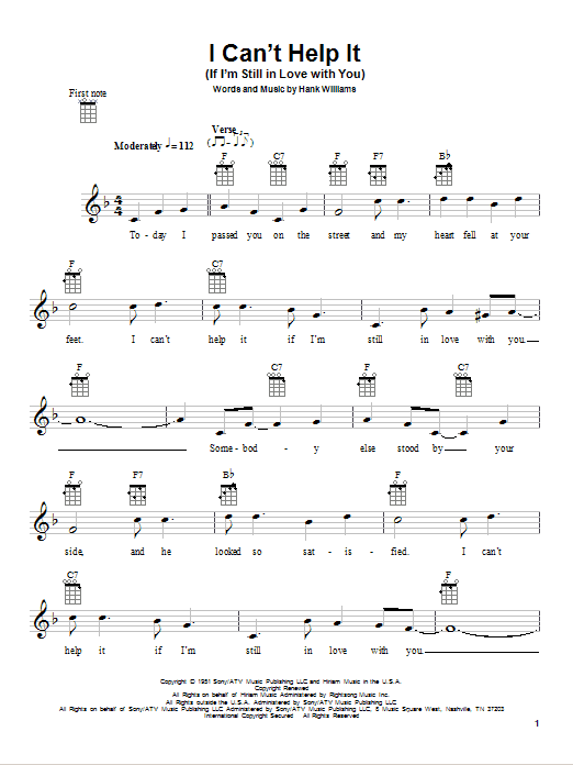 Preview Hank Williams I Can't Help It (If I'm Still In Love With You) Pop sheet music, notes and chords for Ukulele, SKU: 80954 sheet music, piano notes, chords, guitar tabs, score, transpose, transcribe, how to play, guide, download, learn, tutorial, progression, song, artist, awards, billboard, mtv, vh1, tour, single, album, release
