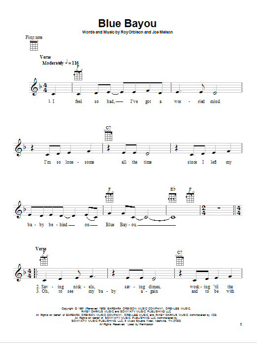 Preview Roy Orbison Blue Bayou Pop sheet music, notes and chords for Ukulele, SKU: 80958 sheet music, piano notes, chords, guitar tabs, score, transpose, transcribe, how to play, guide, download, learn, tutorial, progression, song, artist, awards, billboard, mtv, vh1, tour, single, album, release