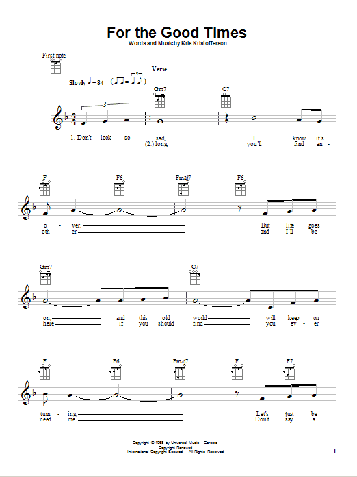 Preview Elvis Presley For The Good Times Pop sheet music, notes and chords for Ukulele, SKU: 80962 sheet music, piano notes, chords, guitar tabs, score, transpose, transcribe, how to play, guide, download, learn, tutorial, progression, song, artist, awards, billboard, mtv, vh1, tour, single, album, release