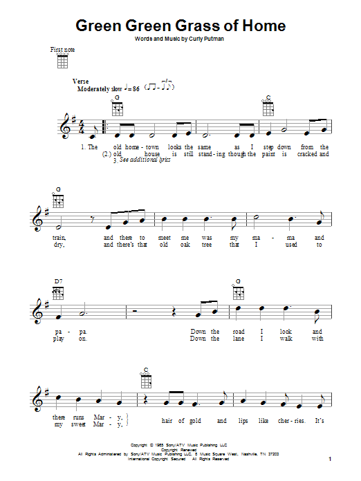 Preview Porter Wagoner Green Green Grass Of Home Pop sheet music, notes and chords for Ukulele, SKU: 80964 sheet music, piano notes, chords, guitar tabs, score, transpose, transcribe, how to play, guide, download, learn, tutorial, progression, song, artist, awards, billboard, mtv, vh1, tour, single, album, release