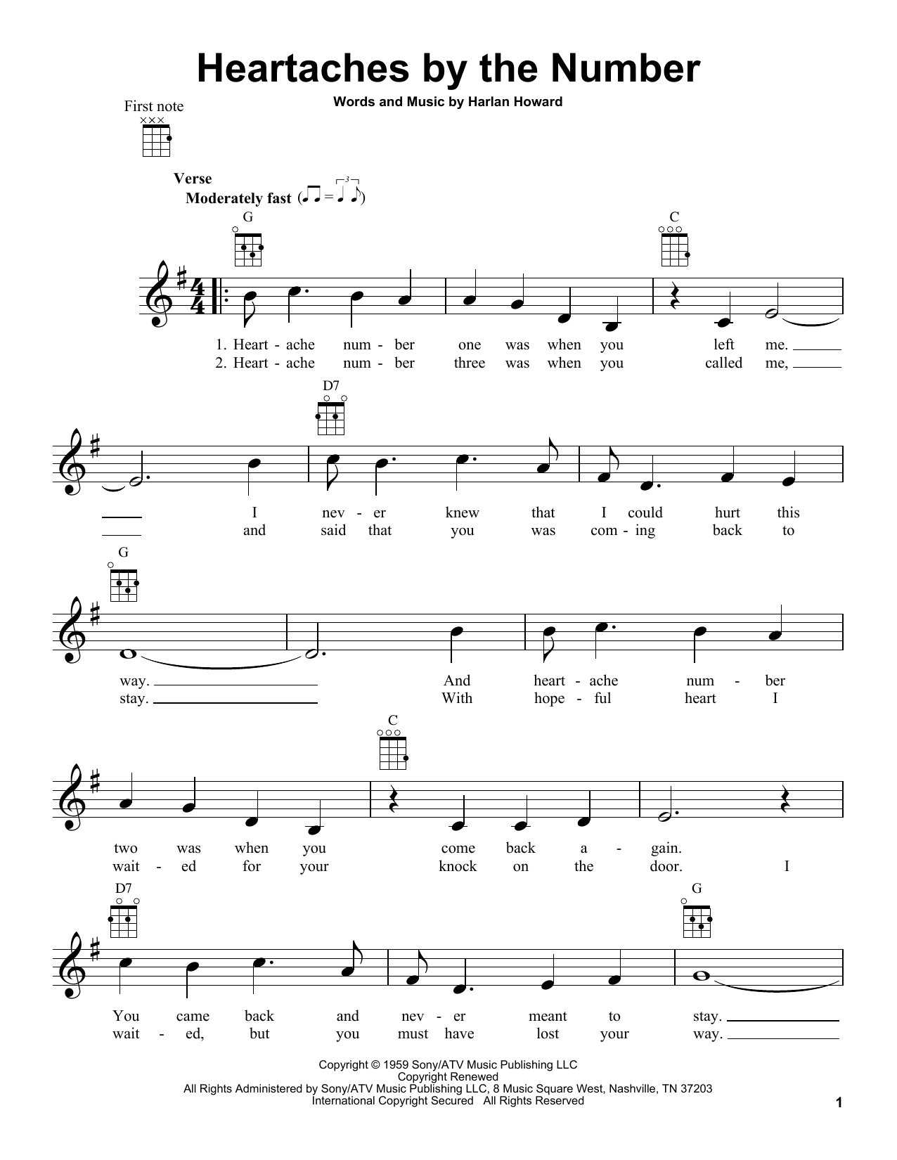 Preview Guy Mitchell Heartaches By The Number Country sheet music, notes and chords for Ukulele, SKU: 80965 sheet music, piano notes, chords, guitar tabs, score, transpose, transcribe, how to play, guide, download, learn, tutorial, progression, song, artist, awards, billboard, mtv, vh1, tour, single, album, release