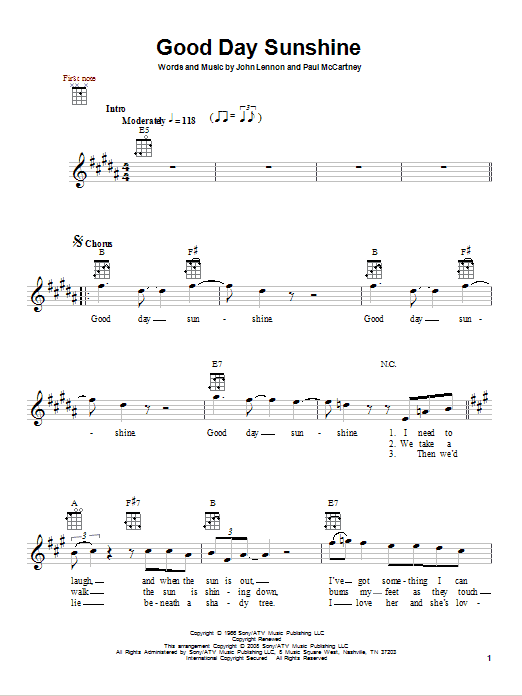 Preview The Beatles Good Day Sunshine Rock sheet music, notes and chords for Ukulele, SKU: 80968 sheet music, piano notes, chords, guitar tabs, score, transpose, transcribe, how to play, guide, download, learn, tutorial, progression, song, artist, awards, billboard, mtv, vh1, tour, single, album, release