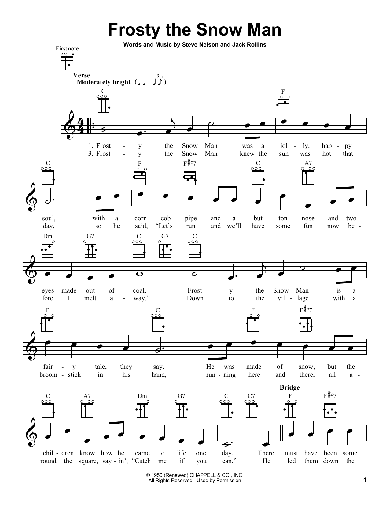 Preview Gene Autry Frosty The Snow Man Folk sheet music, notes and chords for Ukulele, SKU: 80971 sheet music, piano notes, chords, guitar tabs, score, transpose, transcribe, how to play, guide, download, learn, tutorial, progression, song, artist, awards, billboard, mtv, vh1, tour, single, album, release