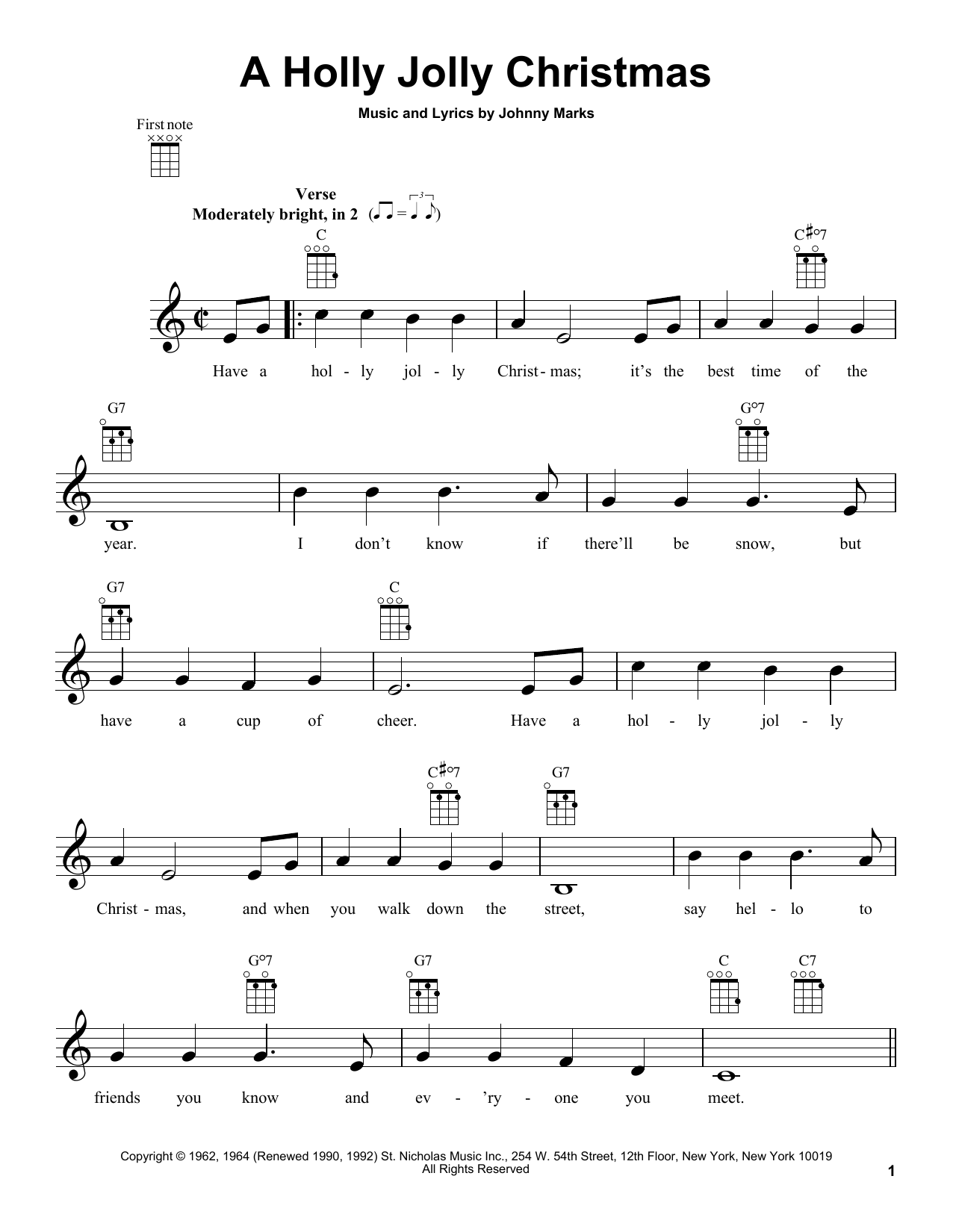 Preview Johnny Marks A Holly Jolly Christmas Folk sheet music, notes and chords for Ukulele, SKU: 80973 sheet music, piano notes, chords, guitar tabs, score, transpose, transcribe, how to play, guide, download, learn, tutorial, progression, song, artist, awards, billboard, mtv, vh1, tour, single, album, release