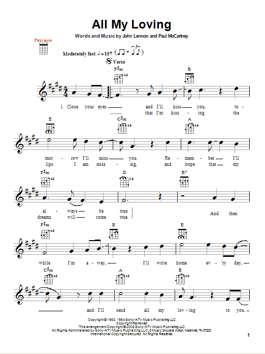 Preview The Beatles All My Loving Rock sheet music, notes and chords for Ukulele, SKU: 80976 sheet music, piano notes, chords, guitar tabs, score, transpose, transcribe, how to play, guide, download, learn, tutorial, progression, song, artist, awards, billboard, mtv, vh1, tour, single, album, release