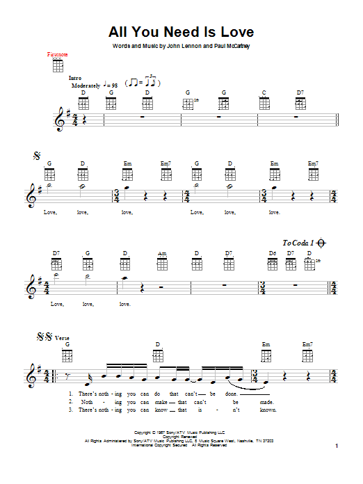 Preview The Beatles All You Need Is Love Rock sheet music, notes and chords for Ukulele, SKU: 80977 sheet music, piano notes, chords, guitar tabs, score, transpose, transcribe, how to play, guide, download, learn, tutorial, progression, song, artist, awards, billboard, mtv, vh1, tour, single, album, release