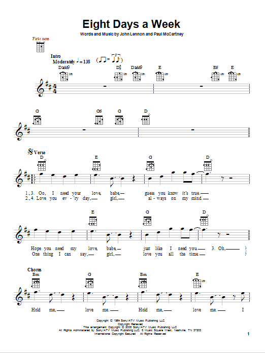 Preview The Beatles Eight Days A Week Rock sheet music, notes and chords for Ukulele, SKU: 80980 sheet music, piano notes, chords, guitar tabs, score, transpose, transcribe, how to play, guide, download, learn, tutorial, progression, song, artist, awards, billboard, mtv, vh1, tour, single, album, release
