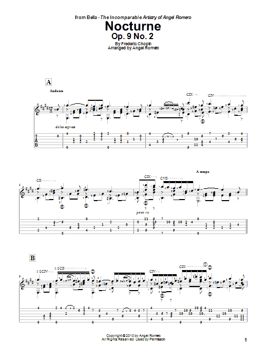 Preview Angel Romero Nocturne, Op. 9 No. 2 Classical sheet music, notes and chords for Guitar Tab, SKU: 83808 sheet music, piano notes, chords, guitar tabs, score, transpose, transcribe, how to play, guide, download, learn, tutorial, progression, song, artist, awards, billboard, mtv, vh1, tour, single, album, release