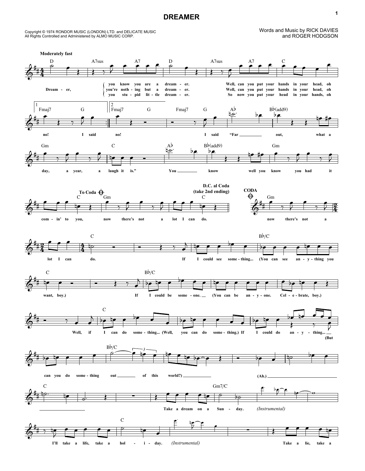 supertramp school piano solo sheet music