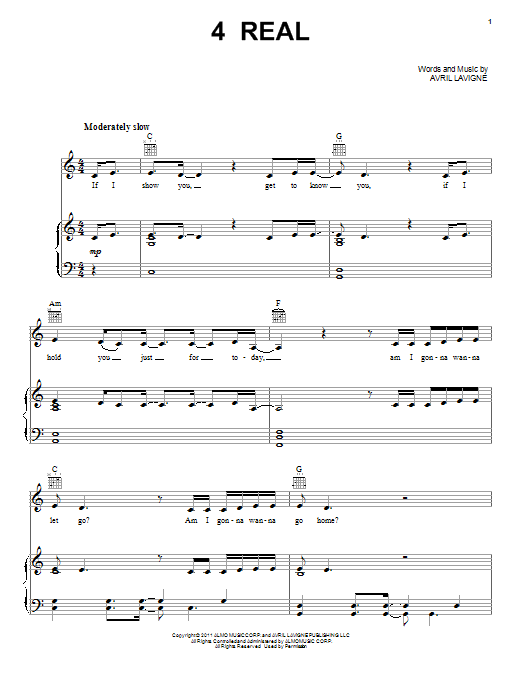 Preview Avril Lavigne 4 Real Rock sheet music, notes and chords for Piano, Vocal & Guitar (Right-Hand Melody), SKU: 86158 sheet music, piano notes, chords, guitar tabs, score, transpose, transcribe, how to play, guide, download, learn, tutorial, progression, song, artist, awards, billboard, mtv, vh1, tour, single, album, release