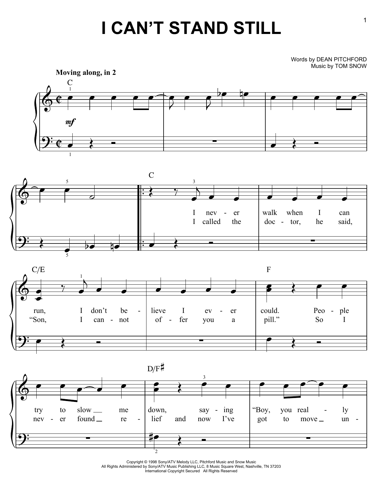 Preview Dean Pitchford I Can't Stand Still Rock sheet music, notes and chords for Easy Piano, SKU: 86759 sheet music, piano notes, chords, guitar tabs, score, transpose, transcribe, how to play, guide, download, learn, tutorial, progression, song, artist, awards, billboard, mtv, vh1, tour, single, album, release