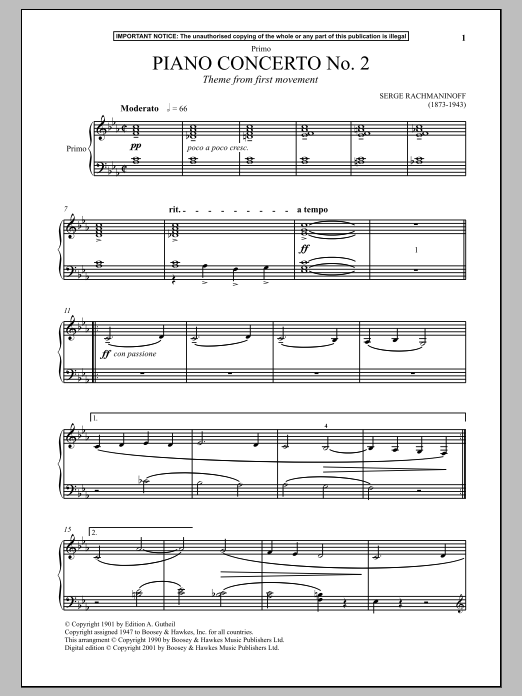 Preview Sergei Rachmaninoff Piano Concerto No. 2 (Theme from First Movement) Classical sheet music, notes and chords for Piano Duet, SKU: 90239 sheet music, piano notes, chords, guitar tabs, score, transpose, transcribe, how to play, guide, download, learn, tutorial, progression, song, artist, awards, billboard, mtv, vh1, tour, single, album, release