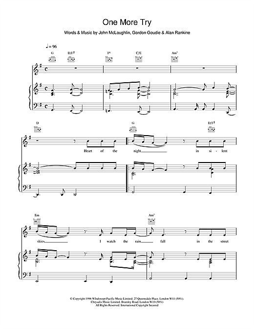 Preview 911 One More Try Pop sheet music, notes and chords for Piano, Vocal & Guitar (Right-Hand Melody), SKU: 16253 sheet music, piano notes, chords, guitar tabs, score, transpose, transcribe, how to play, guide, download, learn, tutorial, progression, song, artist, awards, billboard, mtv, vh1, tour, single, album, release