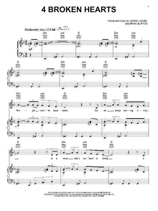 Preview Norah Jones 4 Broken Hearts Rock sheet music, notes and chords for Piano, Vocal & Guitar (Right-Hand Melody), SKU: 91361 sheet music, piano notes, chords, guitar tabs, score, transpose, transcribe, how to play, guide, download, learn, tutorial, progression, song, artist, awards, billboard, mtv, vh1, tour, single, album, release