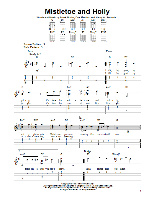 Preview Frank Sinatra Mistletoe And Holly Winter sheet music, notes and chords for Easy Guitar Tab, SKU: 91709 sheet music, piano notes, chords, guitar tabs, score, transpose, transcribe, how to play, guide, download, learn, tutorial, progression, song, artist, awards, billboard, mtv, vh1, tour, single, album, release