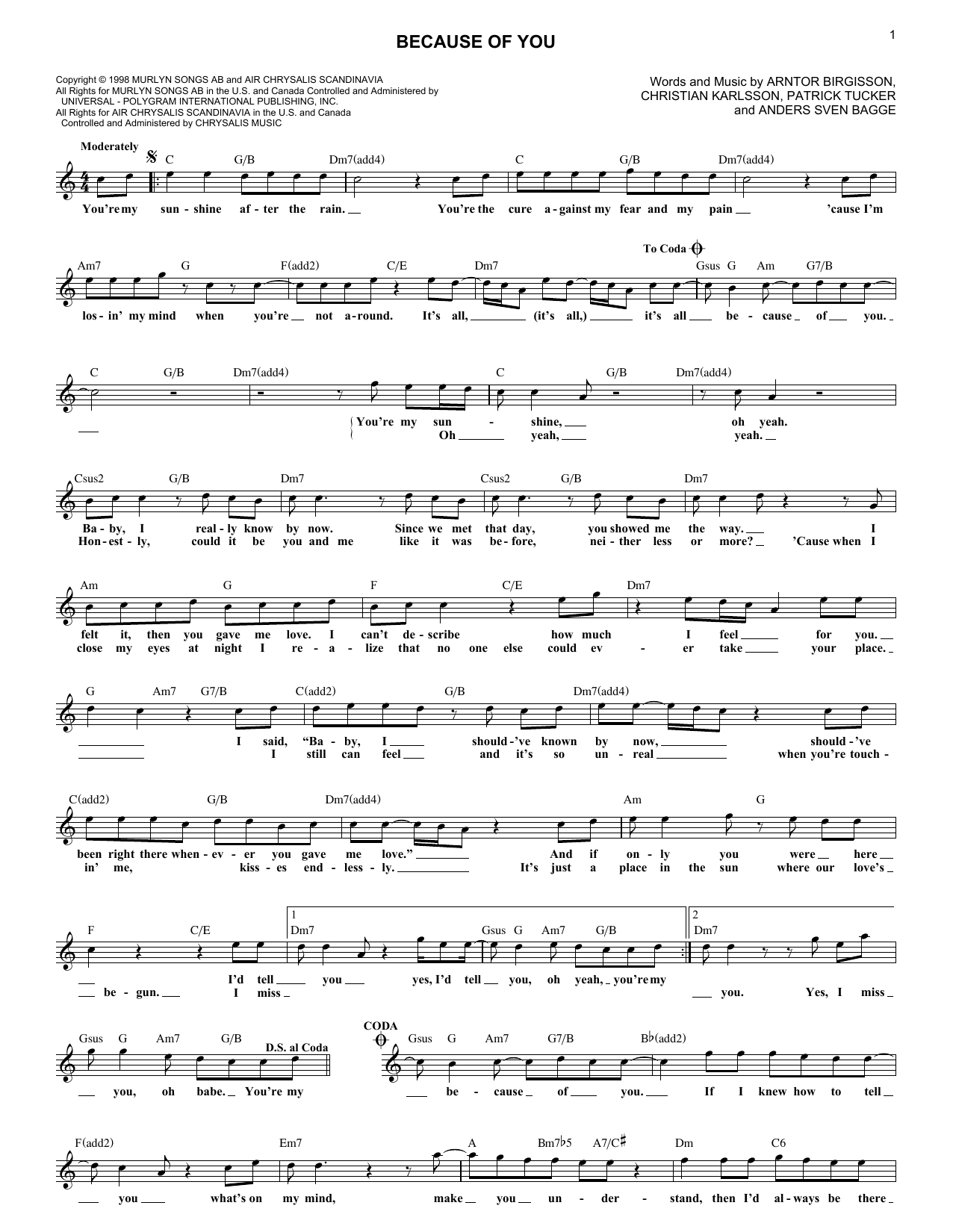 98 Degrees Because Of You sheet music notes and chords. Download Printable PDF.