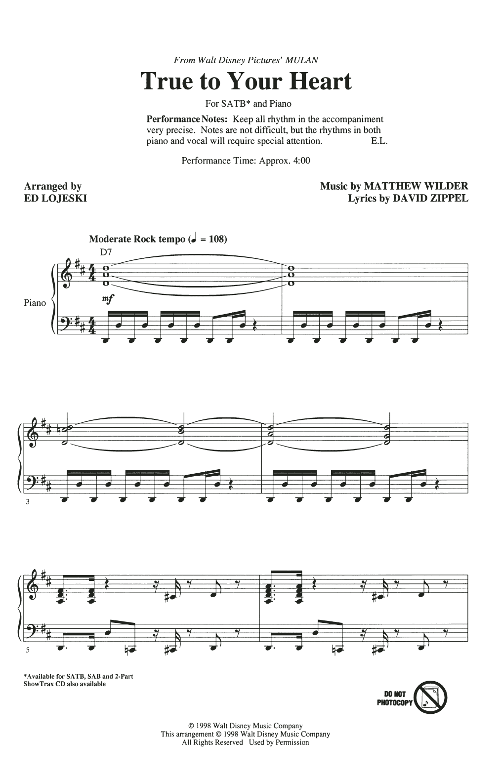 98 Degrees & Stevie Wonder True To Your Heart (from Mulan) (arr. Ed Lojeski) sheet music notes and chords. Download Printable PDF.