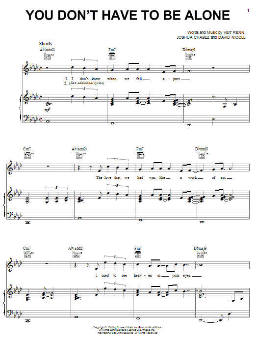 Learn to play 'N Sync You Don't Have To Be Alone sheet music for Piano, Vocal & Guitar (Right-Hand Melody) in minutes. Price: 7.8900$ 'N Sync You Don't Have To Be Alone sheet music notes and chords. Download Printable PDF.
