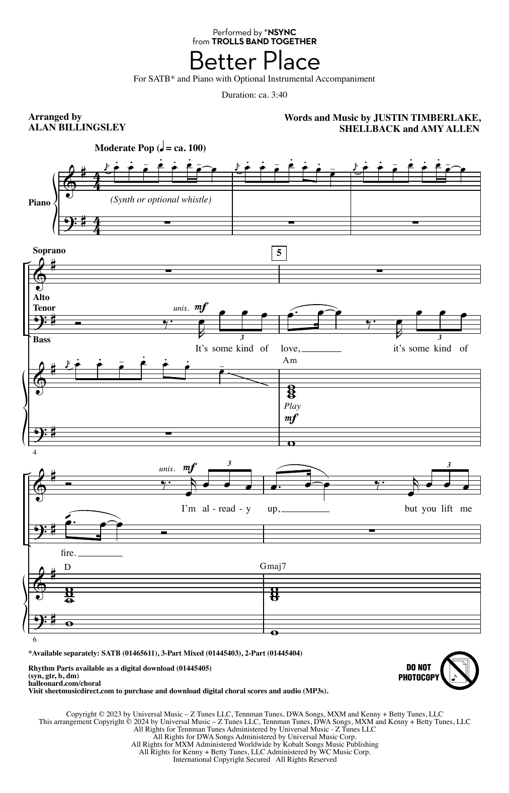 *NSYNC Better Place (arr. Alan Billingsley) sheet music notes and chords. Download Printable PDF.