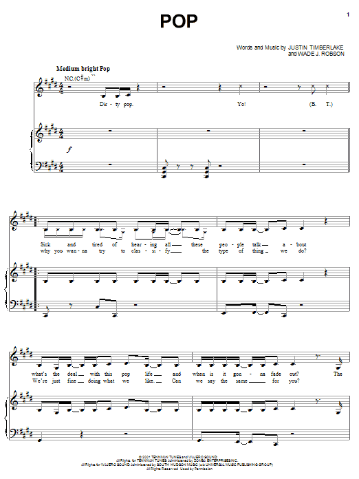 N Sync "Pop" Sheet Music PDF Notes, Chords | Pop Score Piano, Vocal & Guitar Melody) Printable. SKU: 28613