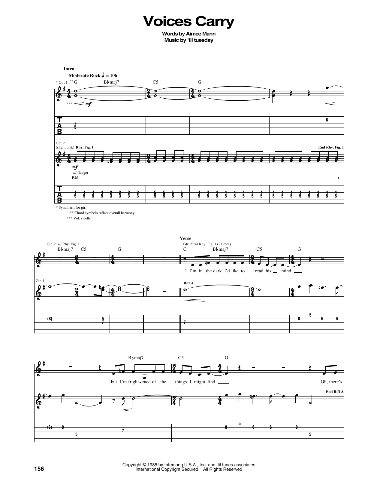'til tuesday Voices Carry sheet music notes and chords. Download Printable PDF.