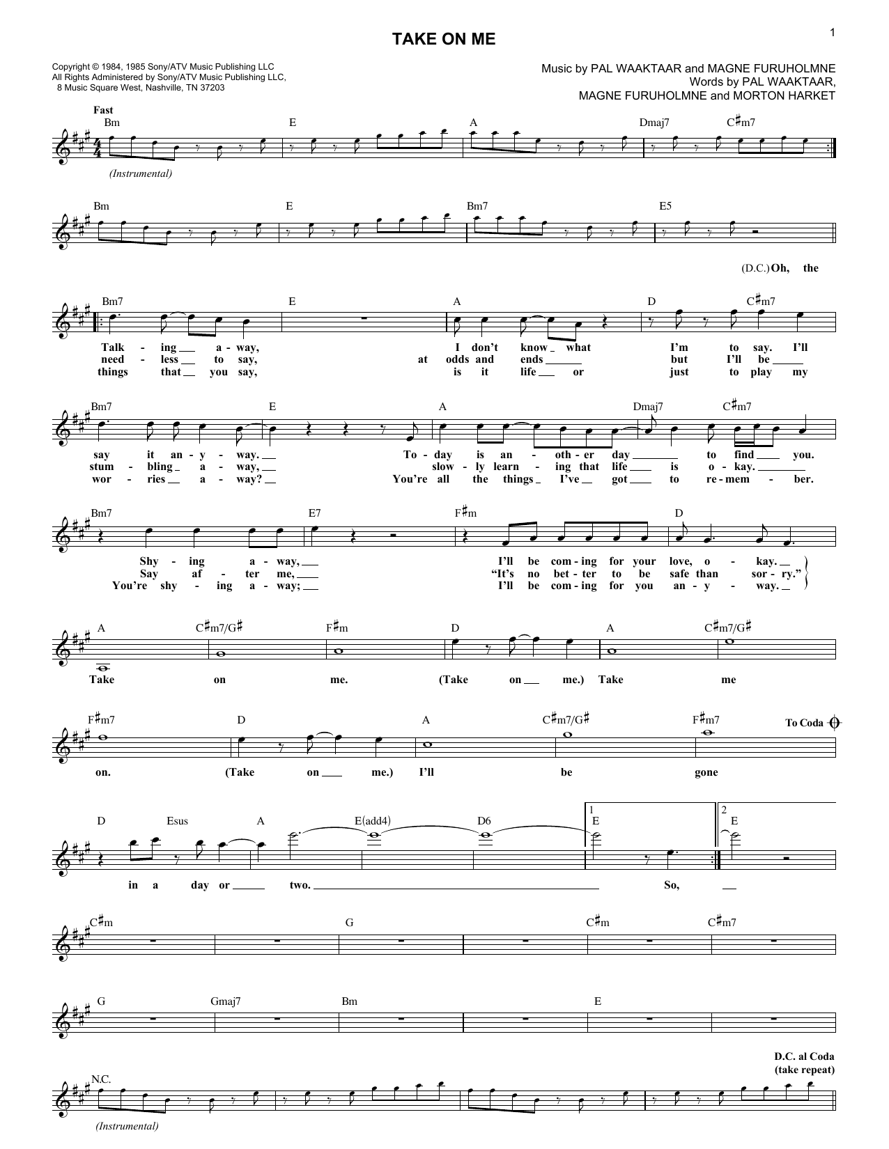 A-Ha Take On Me sheet music notes and chords. Download Printable PDF.