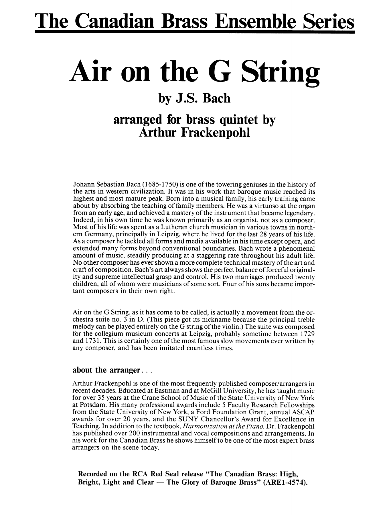 Learn to play A. Frackenpohl Air On The G String - Full Score sheet music for Brass Ensemble in minutes. A. Frackenpohl Air On The G String - Full Score sheet music notes and chords. Download Printable PDF.