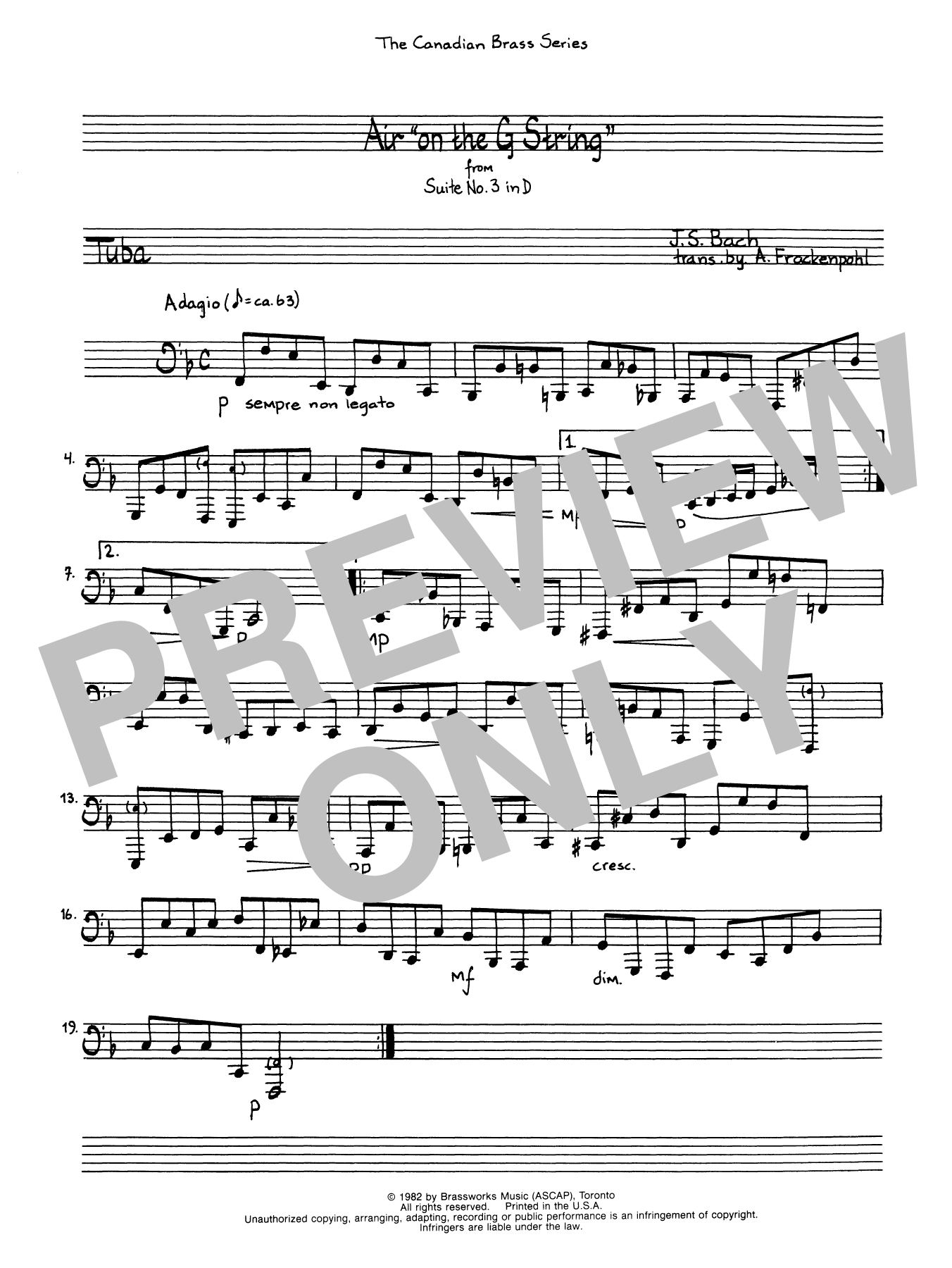 Learn to play A. Frackenpohl Air On The G String - Tuba sheet music for Brass Ensemble in minutes. A. Frackenpohl Air On The G String - Tuba sheet music notes and chords. Download Printable PDF.