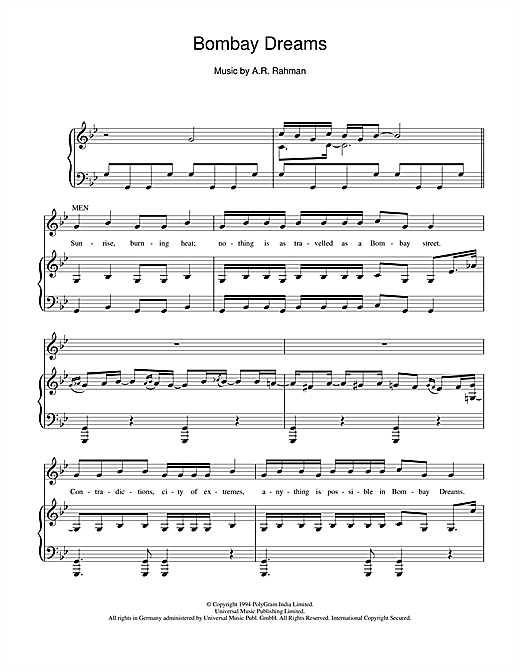 A. R. Rahman Bombay Dreams sheet music notes and chords. Download Printable PDF.