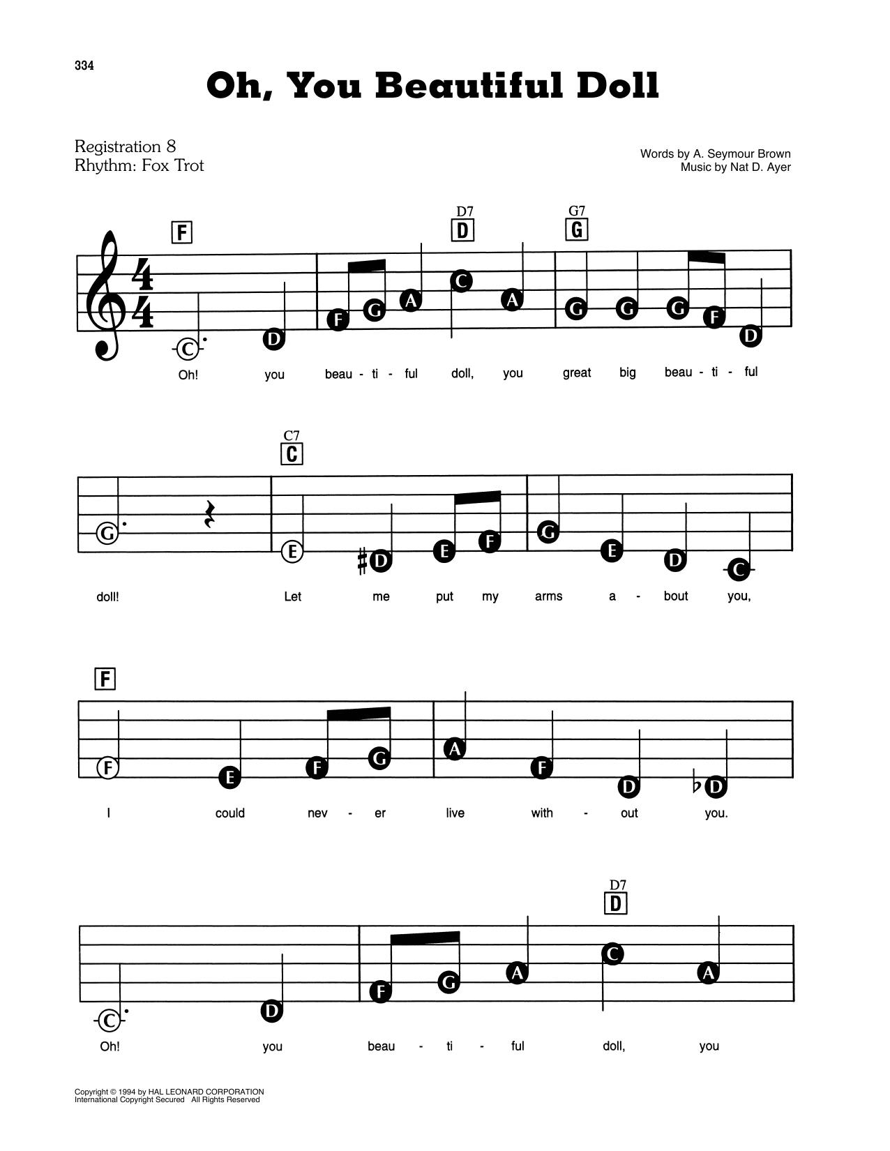Learn to play Nat D. Ayer Oh! You Beautiful Doll sheet music for Lead Sheet / Fake Book in minutes. Price: 5.9900$ Nat D. Ayer Oh! You Beautiful Doll sheet music notes and chords arranged for Lead Sheet / Fake Book