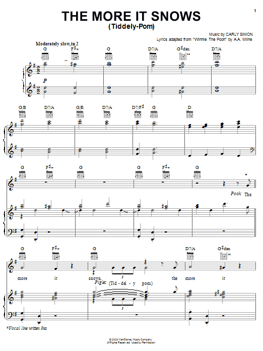 Learn to play A.A. Milne The More It Snows (Tiddely-Pom) (from Piglet's Big Movie) sheet music for Piano, Vocal & Guitar (Right-Hand Melody) in minutes. Price: 7.7900$ A.A. Milne The More It Snows (Tiddely-Pom) (from Piglet's Big Movie) sheet music notes and chords. Download Printable PDF.