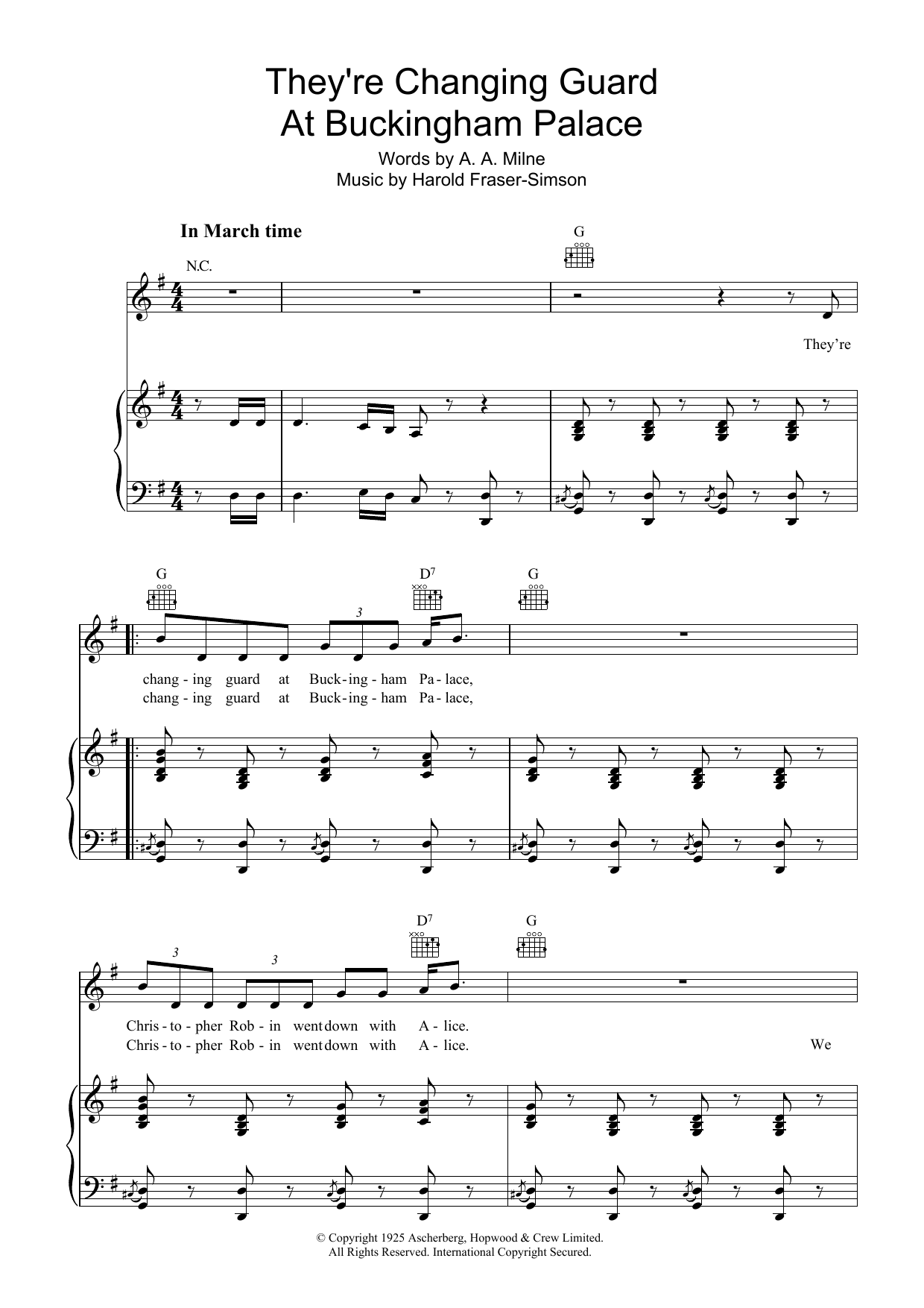 Learn to play A.A. Milne They're Changing Guard At Buckingham Palace sheet music for Piano, Vocal & Guitar (Right-Hand Melody) in minutes. A.A. Milne They're Changing Guard At Buckingham Palace sheet music notes and chords. Download Printable PDF.