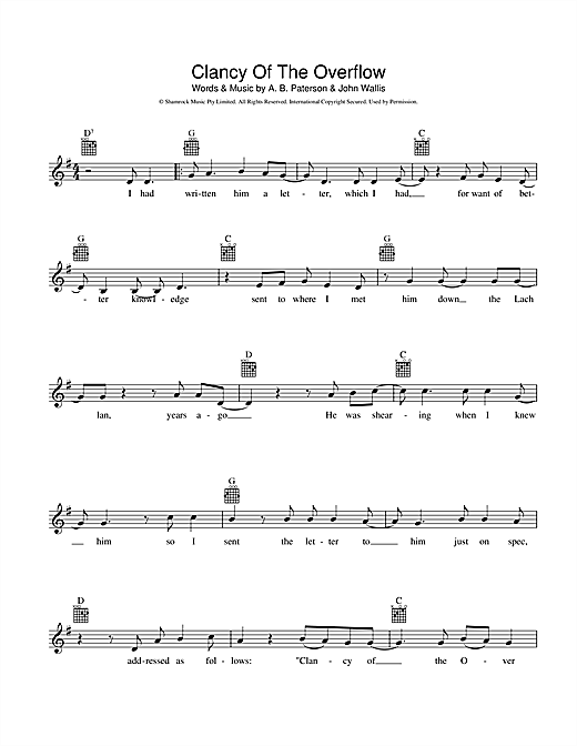 A.B. 'Banjo' Paterson Clancy Of The Overflow sheet music notes and chords. Download Printable PDF.