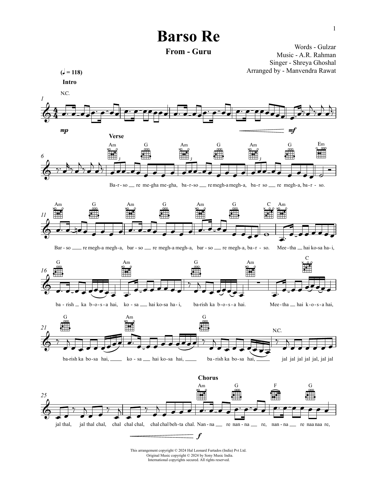 Learn to play A.R. Rahman Barso Re (from Guru) sheet music for Lead Sheet / Fake Book in minutes. Price: 5.9900$ A.R. Rahman Barso Re (from Guru) sheet music notes and chords arranged for Lead Sheet / Fake Book