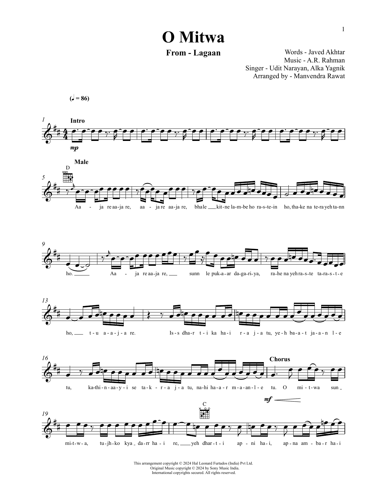 Learn to play A.R. Rahman O Mitwa (from Lagaan) sheet music for Lead Sheet / Fake Book in minutes. Price: 5.9900$ A.R. Rahman O Mitwa (from Lagaan) sheet music notes and chords arranged for Lead Sheet / Fake Book