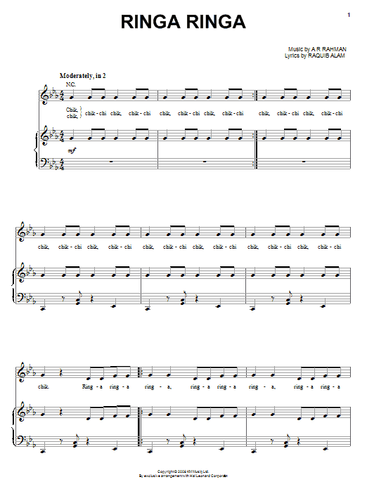 A. R. Rahman Ringa Ringa sheet music notes and chords. Download Printable PDF.