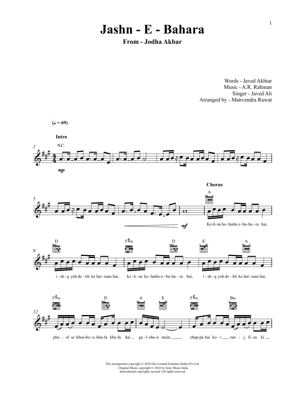 Learn to play A.R. Rahman and Javed Ali Jashn-E-Bahaaraa (from Jodhaa Akbar) sheet music for Lead Sheet / Fake Book in minutes. Price: 5.9900$ A.R. Rahman and Javed Ali Jashn-E-Bahaaraa (from Jodhaa Akbar) sheet music notes and chords arranged for Lead Sheet / Fake Book