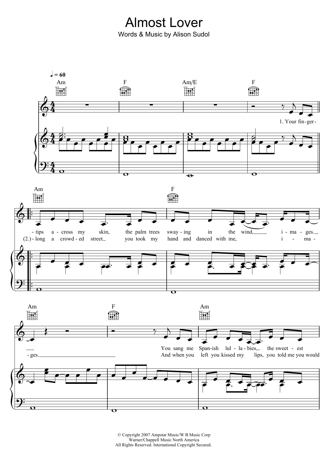 A Fine Frenzy Almost Lover sheet music notes and chords. Download Printable PDF.