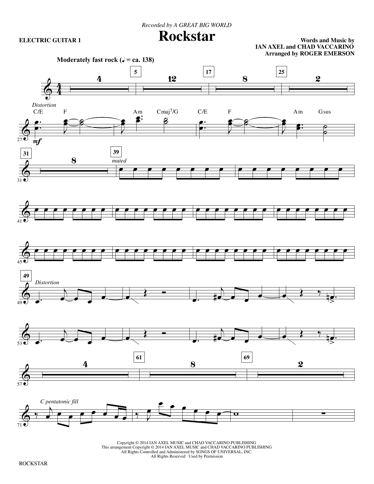 A Great Big World Rockstar - Guitar 1 sheet music notes and chords. Download Printable PDF.
