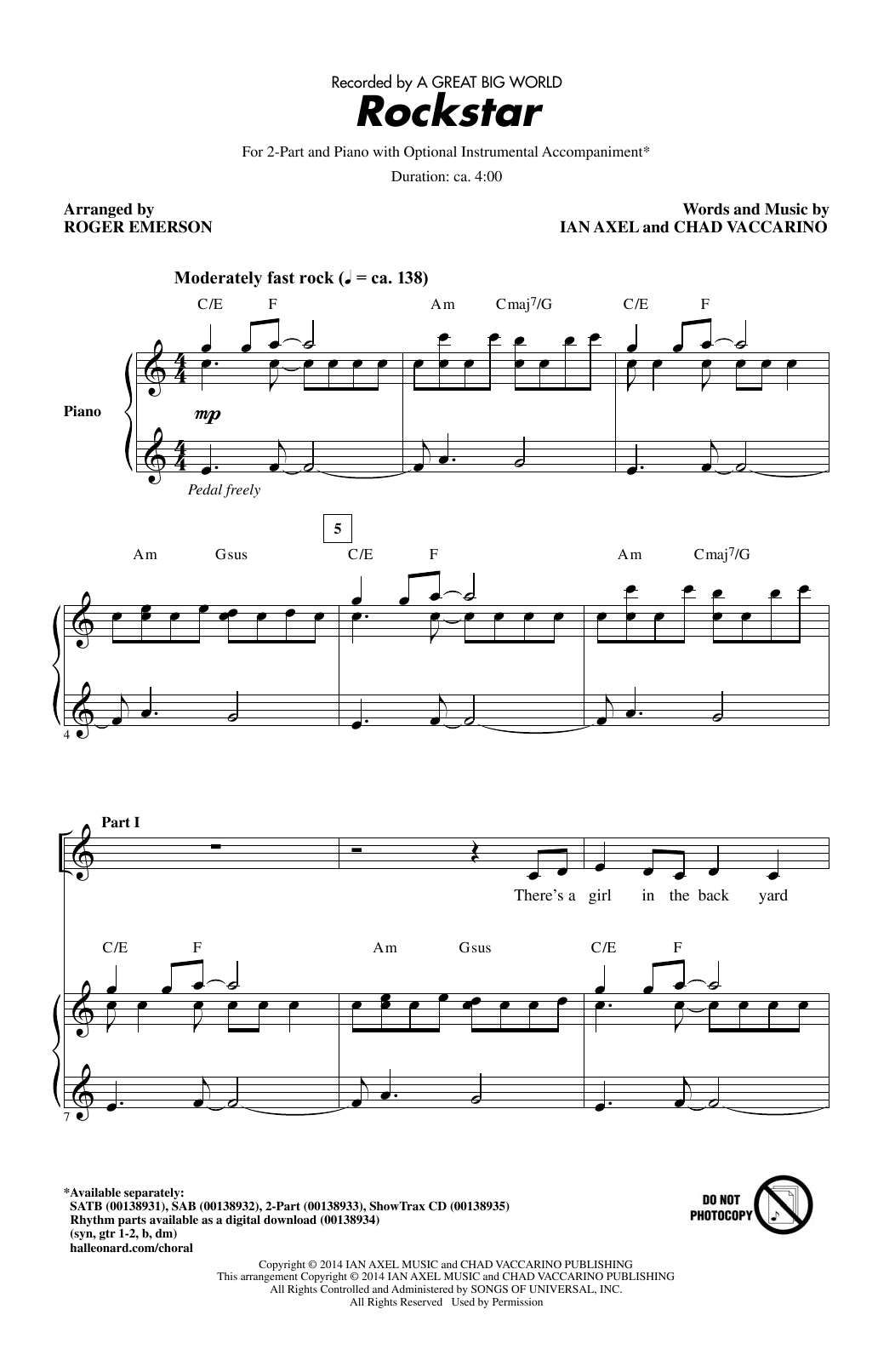 A Great Big World Rockstar (arr. Roger Emerson) sheet music notes and chords. Download Printable PDF.