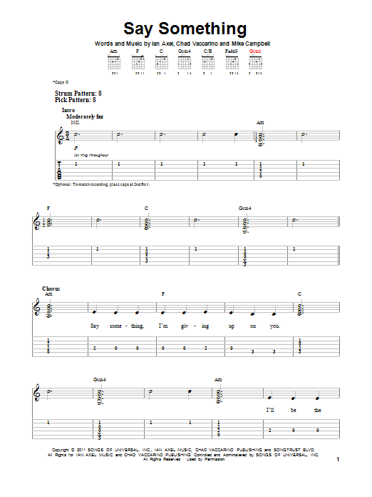 Preview A Great Big World Say Something Pop sheet music, notes and chords for Easy Guitar Tab, SKU: 152785 sheet music, piano notes, chords, guitar tabs, score, transpose, transcribe, how to play, guide, download, learn, tutorial, progression, song, artist, awards, billboard, mtv, vh1, tour, single, album, release