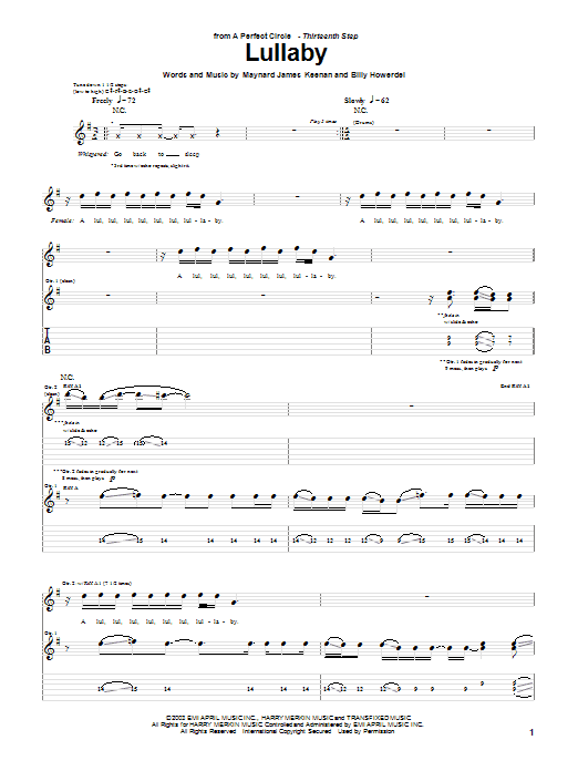 A Perfect Circle Lullaby sheet music notes and chords. Download Printable PDF.