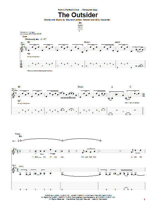 A Perfect Circle The Outsider sheet music notes and chords. Download Printable PDF.