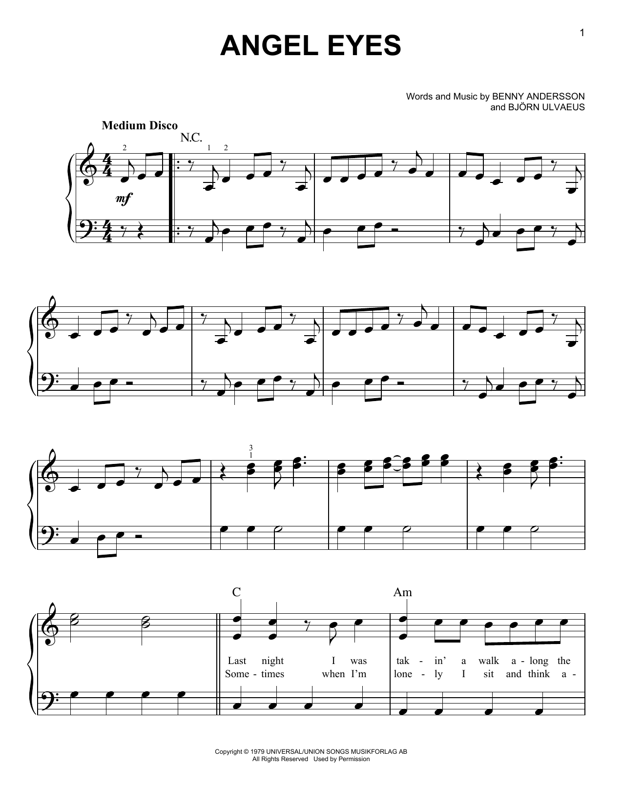 ABBA Angeleyes (from Mamma Mia! Here We Go Again) sheet music notes and chords. Download Printable PDF.