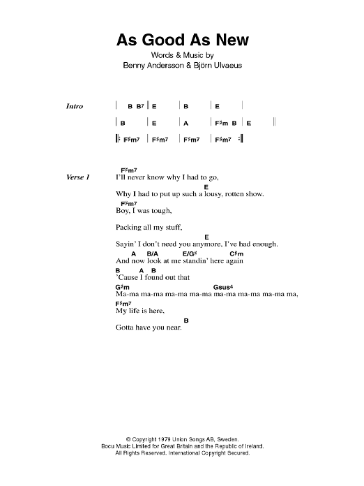 As Good As New Sheet Music by ABBA Piano, Vocal & Guitar Download 6Page Score 111344