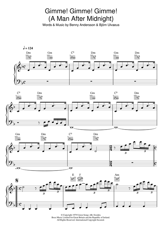 ABBA Gimme! Gimme! Gimme! (A Man After Midnight) sheet music notes and chords. Download Printable PDF.