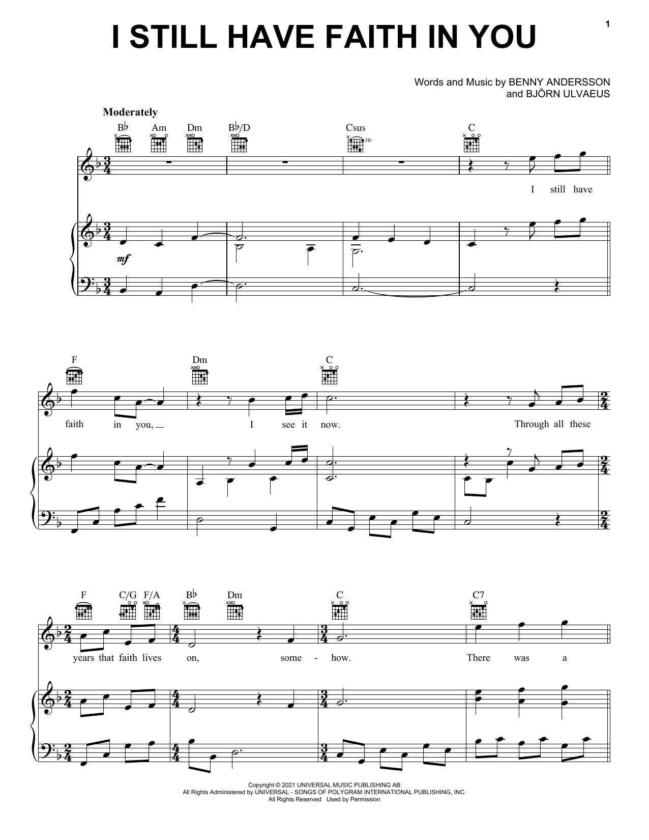 ABBA "I Still Have Faith In You" Sheet Music for Piano, Vocal & Guitar
