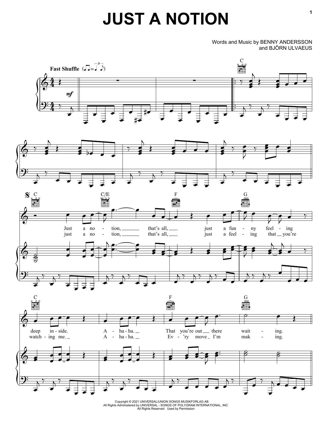 Learn to play ABBA Just A Notion sheet music for Piano, Vocal & Guitar (Right-Hand Melody) in minutes. Price: 7.7900$ ABBA Just A Notion sheet music notes and chords. Download Printable PDF.