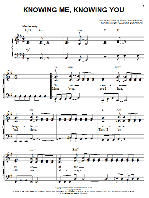 ABBA Knowing Me, Knowing You sheet music notes and chords. Download Printable PDF.