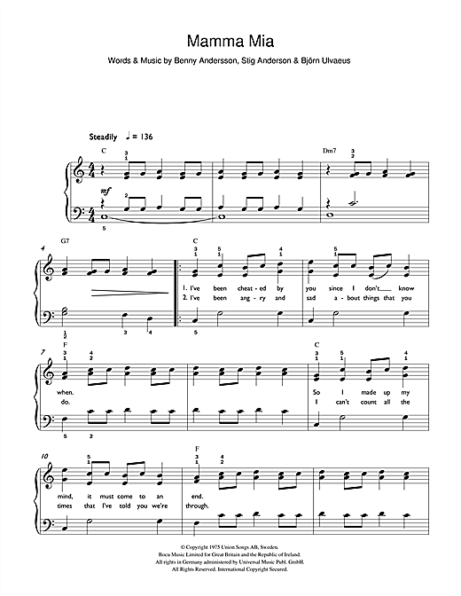 Abba Mamma Mia sheet music notes and chords. Download Printable PDF.